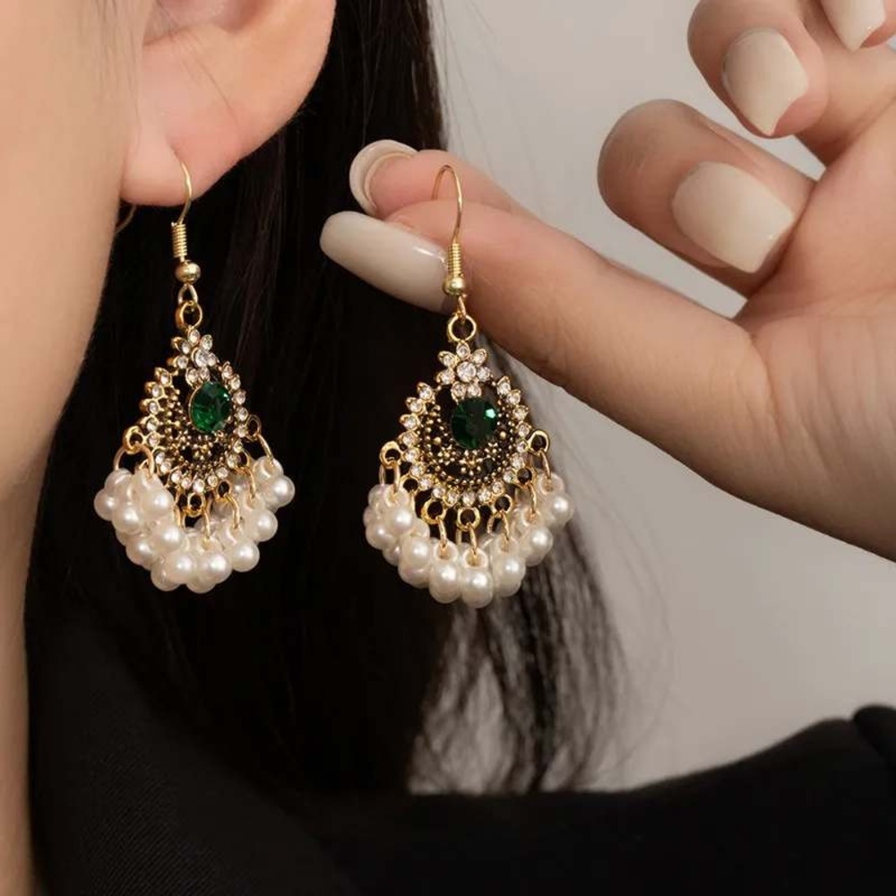 Green Pearl Chandelier Dangle Earrings‎ Gold Boho Statement Gypsy Bridal Elegant